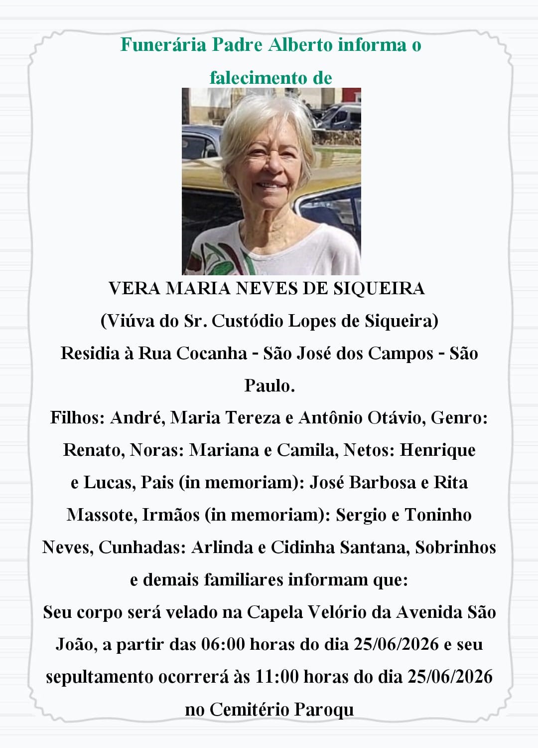 nota de falecimento funerária padre alberto campo belo mg