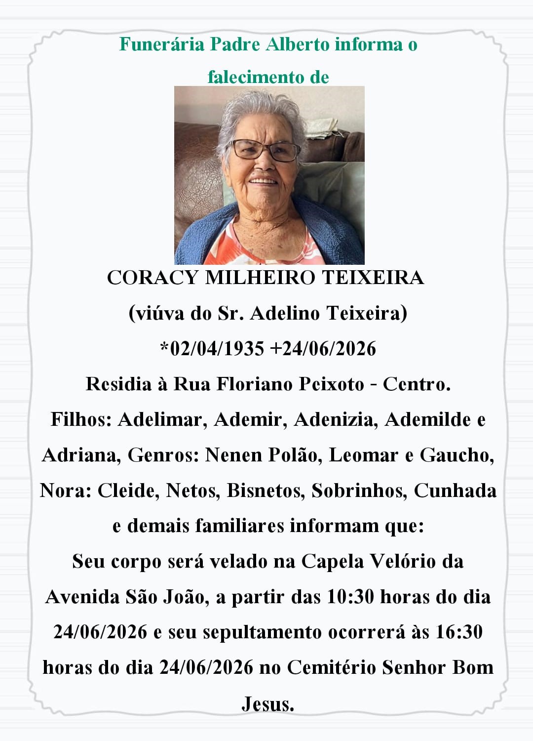 nota de falecimento funerária padre alberto campo belo mg